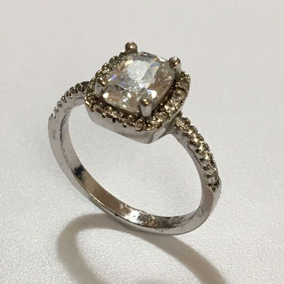 Silver Tone Halo Ring Square CZ 2.5mm Band Clear Gemstones Worn Plating - Picture 11 of 11